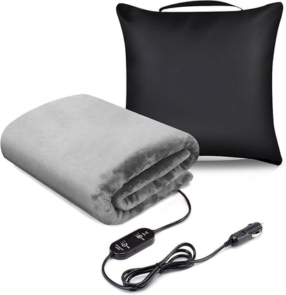 Heated Car Blanket DC12V-24V Electric Blanket for Car Camping, Portable Washable Heated Blanket with Timer, 3 Heat Settings, Heated Throw Blanket for Road Trip (Gray + Pillowcase)