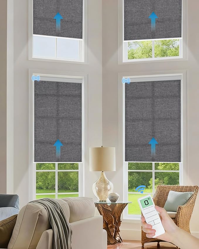 Motorized Light Filtering Roller Shades with Remote Control, Smart Blinds for Windows Compatible with Alexa Google via Hub, Rechargeable Electric Window Shade Customized Size (Dark Grey)