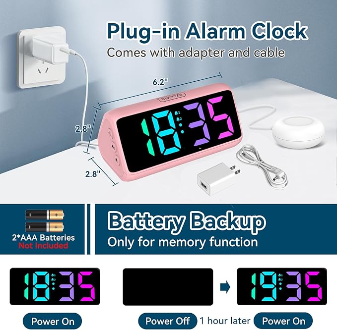 Netzu Loud Alarm Clock for Heavy Sleepers, Plug-in RGB Vibrating Alarm Clocks with Bed Shaker, 5 Dimmers, 2 Alarms and Snooze for Bedrooms Hearing Impaired Deaf Adults Pink