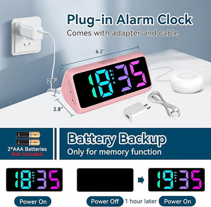 Netzu Loud Alarm Clock for Heavy Sleepers, Plug-in RGB Vibrating Alarm Clocks with Bed Shaker, 5 Dimmers, 2 Alarms and Snooze for Bedrooms Hearing Impaired Deaf Adults Pink