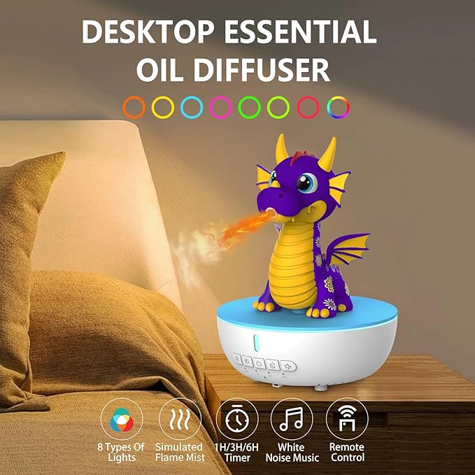 Aromatherapy Dragon Humidifier, 200ML Essential Oil Diffuser with Remote & Timer, White Noise Machine with 10 Soothing Sounds, Cute Small Humidifiers for Kids Bedroom, Home, Office (Purple)
