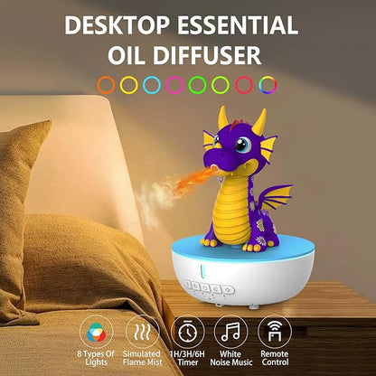Aromatherapy Dragon Humidifier, 200ML Essential Oil Diffuser with Remote & Timer, White Noise Machine with 10 Soothing Sounds, Cute Small Humidifiers for Kids Bedroom, Home, Office (Purple)