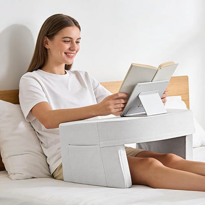 DUMOS Reading Pillow for Gaming with Ergonomic Arm Rests, Memory Foam Lap Desk for Laptop, Support Pillow with Side Pockets for Reading, Writing, Working, Gaming on Bed, Couch or Floor