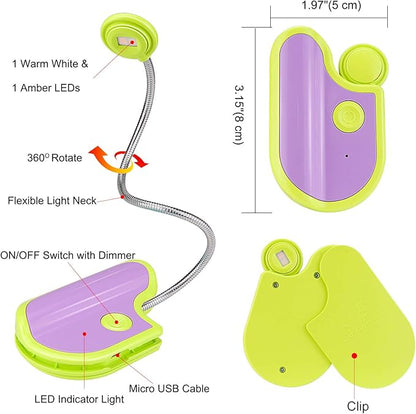 Amber Reading Light Rechargeable, Book Light Kids for Reading in Bed, Clip On Reading Book Light, 2 Lighting Modes, Blue Light Blocking for Eye-Care, Small Bookmark Light for Bookworm-Green