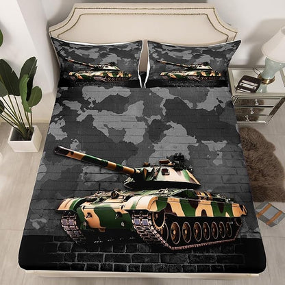 Manfei Tank Sheet Set King Size, Grey Camouflage Wall Print Bed Sheet Set 4pcs with Deep Pocket Fitted Sheet + Flat Sheet + 2 Pillowcases, Camo Vintage Style Bedding Set for Kids Boys Teen Room Decor