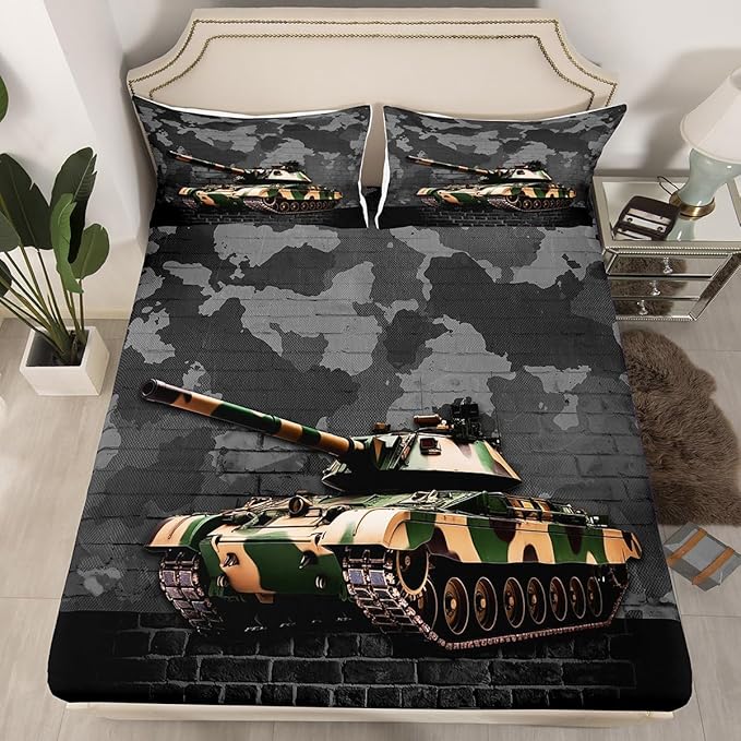 Manfei Tank Sheet Set Queen Size, Grey Camouflage Wall Print Bed Sheet Set 4pcs with Deep Pocket Fitted Sheet + Flat Sheet + 2 Pillowcases, Camo Vintage Style Bedding Set for Kids Boys Teen Room Decor