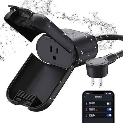 ELEGRP PQR10 Outdoor Smart Plug Waterproof IP66, WiFi Plug Compatible with Alexa & Google Assistant, Smart Outdoor Outlet for String Lights, No Hub Required, 1875 Max, UL Certified, 1 Pack, Black