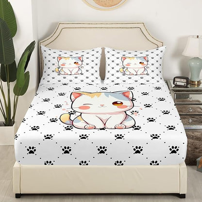 Cat Paw Fitted Sheet Queen 3 Pcs,Kawaii Cat Lovely Animals Soft Microfiber Sheets Breathable Bedding,Watercolor Cat 3D Cartoon Bedsheet with Deep Pocket for All Season Bedroom