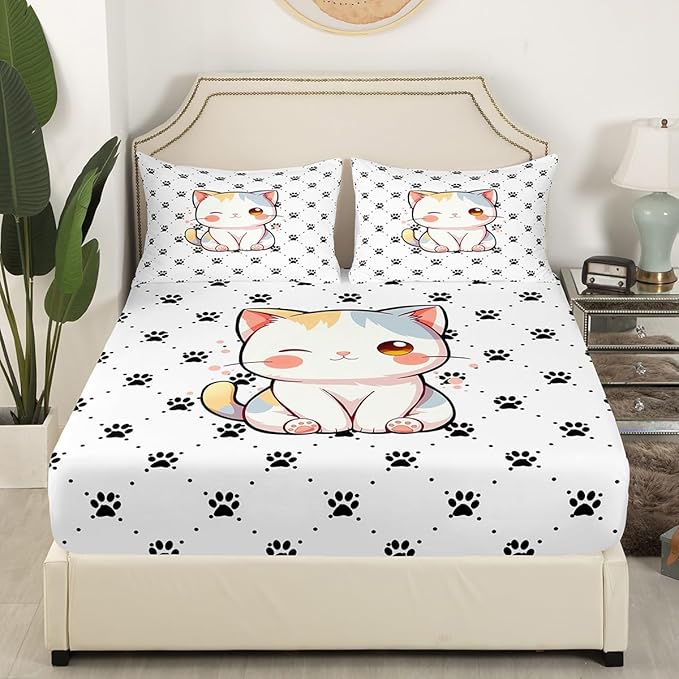 Cat Paw Fitted Sheet Twin 2 Pcs,Kawaii Cat Lovely Animals Soft Microfiber Sheets Breathable Bedding,Watercolor Cat 3D Cartoon Bedsheet with Deep Pocket for All Season Bedroom