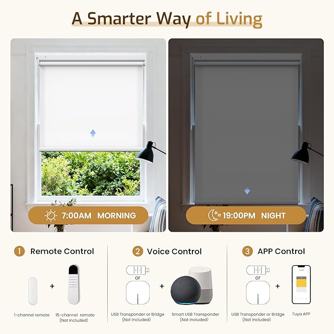 Grandekor No Drill Motorized Blinds with Remote, Roller Shade Electric Smart Remote Control Blinds, Fit for APP and Voice Control White-Light Filtering 29" W x 48" H