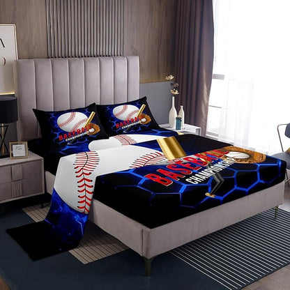 Manfei Baseball Sheet Set Queen Size, Ball Games Sports Themed Bed Sheet Set 4pcs with Deep Pocket Fitted Sheet + Flat Sheet + 2 Pillowcases, Royal Blue Honeycomb Bedding Set for Kids Boys Room Decor