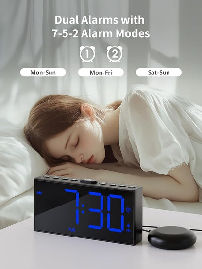 ROCAM Loud Vibrating Alarm Clock with Bed Shaker, Bed Shaker Alarm Clock for Heavy Sleepers/Hearing Impaired/Deaf, Dual Alarm with Weekday/Weekend Mode, Large Display Digital Clock with Dimmer, Snooze