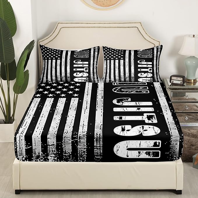 Manfei Jiujitsu Fitted Sheet Full Size, American Flag Print Bedding Set 3pcs, Japanese Judo Sports Theme Bed Cover with 2 Pillowcases, Kids Boys Teens Room Decor, Soft Bedding(No Top Sheet)