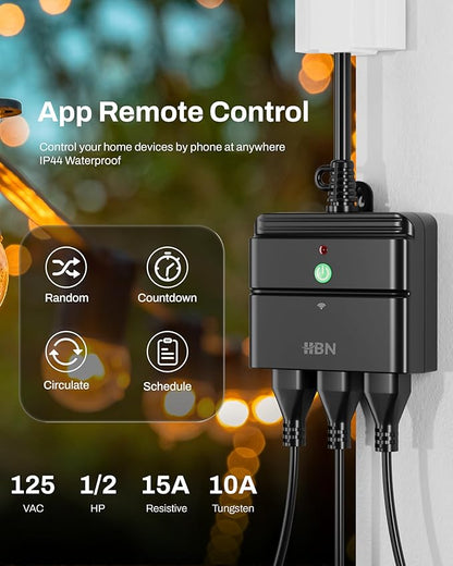 HBN Outdoor Smart Plug,Wi-Fi & Bluetooth Heavy Duty Outlet with 3 Independent Outlets,Compatible with Alexa and Google Assistant,IP44 Waterproof,Voice & APP Control Outlet,No Hub Required,ETL Listed