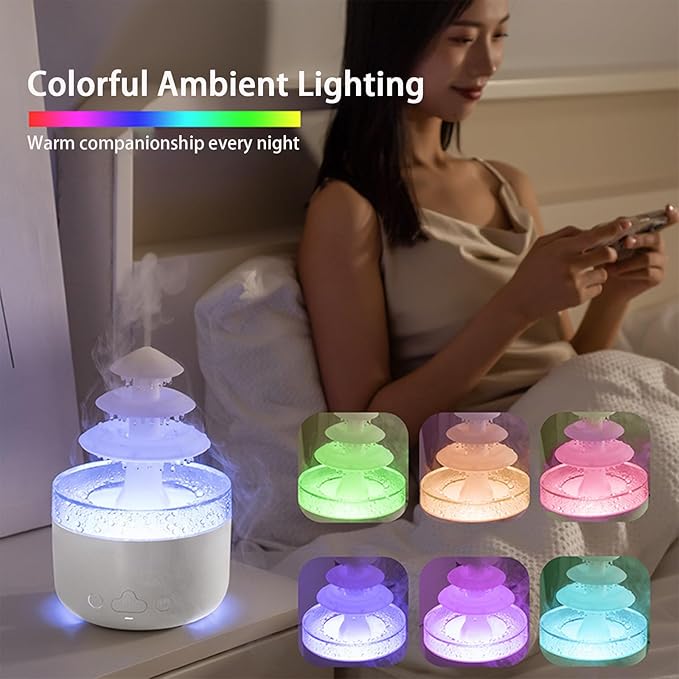 Bedroom Cloud Rain Humidifier, Essential Oil Diffuser with 7-Color LED Mood Light, Bedroom Sleep Aid with White Noise Rain Sound, Auto Shutdown Protection, Suitable for Home/Office/Daycare (White)