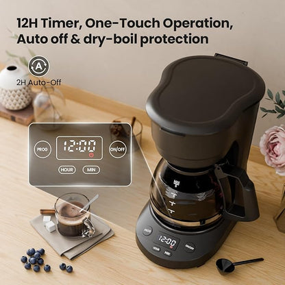 Kismile 5-Cup Drip Coffee Machine with LED Display, Small Coffee Maker with Anti-Drip, Timer, Auto Shut-Off, Dry-Boil Protection, Removable Funnel, Compact, Ideal for Home & Office (Black)