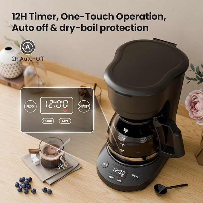 Kismile Compact Drip Coffee Maker, Anti-Drip System, Timer, Removable Funnel & Auto Shut-Off, Anti-Dry Protection, Perfect Small Coffee Machine for Home & Office (Black)