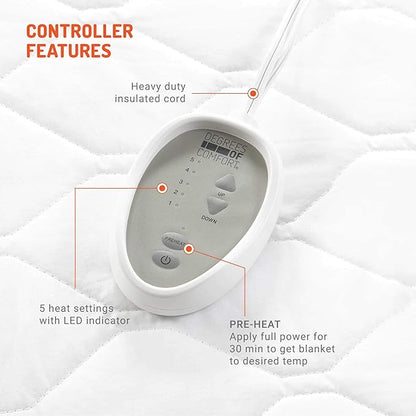 Degrees Of Comfort Twin XL Heated Mattress Pad | Zone Heating Electric Bed Warmer W/Auto Shut Off | Fit Up to 15 Inch | 12.5ft Long Cord - 39x80 Inch, White