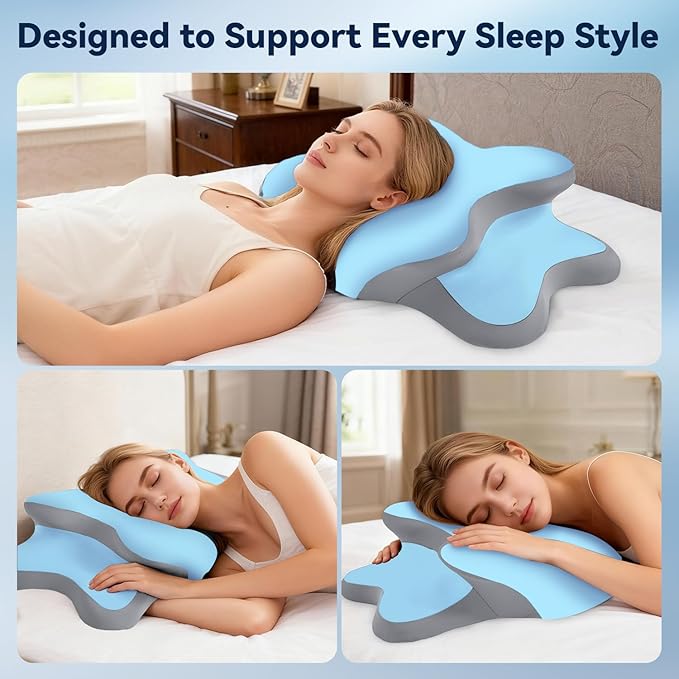Sleep Apnea Pillow with Neck Pain & Snoring Relief -Orthopedic Cervical Pillow, Ergonomic Contour Memory Foam for Side, Back,Stomach Sleepers, Medium Firm Support (Blue, Queen Size 25" Lx15 Wx5.8 H)