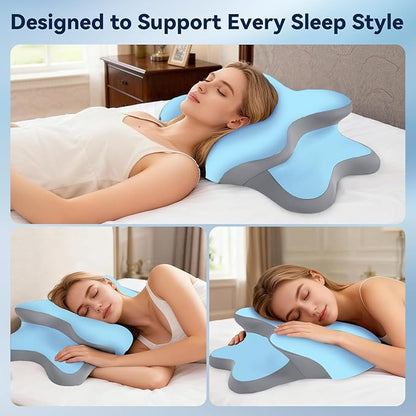 Sleep Apnea Pillow with Neck Pain & Snoring Relief -Orthopedic Cervical Pillow, Ergonomic Contour Memory Foam for Side, Back,Stomach Sleepers, Medium Firm Support (Blue, Queen Size 25" Lx15 Wx5.8 H)