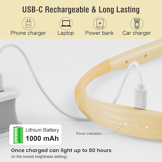 LED Neck Book Light Reading Lamp USB Rechargeable, Lighter Weight,Hands Free, Each 3 Colors with 3 Brightness, 80-hr Lasting Rechargeable Lamp,Perfect for Reading in Bed(Chesse Yellow).