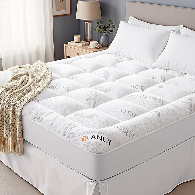OLANLY Full Mattress Topper – Viscose Made from Bamboo, Cooling Soft Full Pillow Top Mattress Pad for Back Pain Relief, Plush Down Alternative Fill Bed Topper with Elastic Deep Pocket, White
