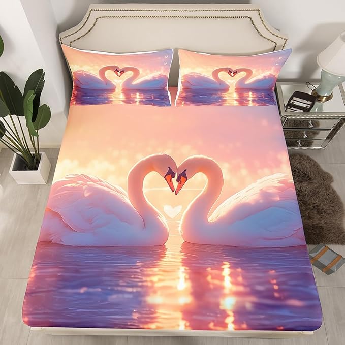 Couple Swan Kids Fitted Sheet Twin Size,Lake House Animals Fishing Cabin Bedding Set,Boys Girls Room Decor,Sunset Rustic Farmhouse Bed Cover,Pink Romantic Bed Sheet,1 Pillowcase