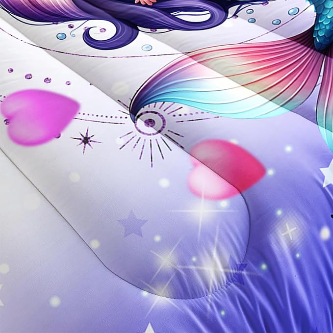 Cute Mermaid Pattern Twin Comforter Set,Star Jellyfish Ocean Themed Bedding Sets for Kids Toddlers Girls Boys Room Decor,Princess Bedding with 2 Pillowcases.