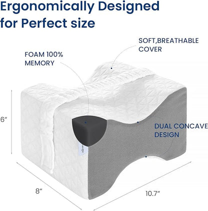 Knee Pillow for Side Sleepers,Knee Pillow,Leg Pillow for Side Sleeping,Hip Pain and Smooth Spine Alignment Pillows,Memory Foam Ergonomic and with Cover and Removable Straps,White/Gray