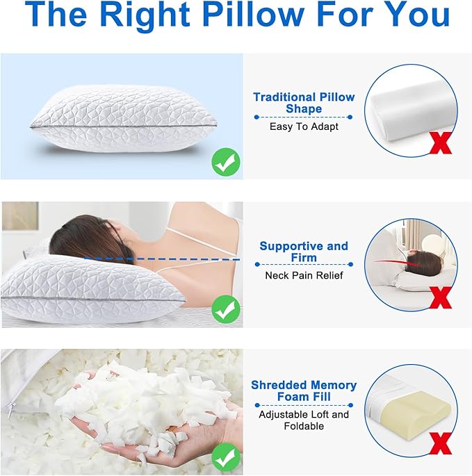 Cooling Pillows King Size Set of 4, Shredded Memory Foam Pillows, Adjustable Firm Bed Pillows Cool Cold Pillow for Hot Side Back Stomach Sleepers with Removable Washable Cover, 20" x 36", White