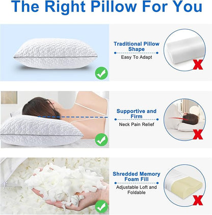 Cooling Pillows Queen Size Set of 4, Shredded Memory Foam Pillows, Adjustable Firm Bed Pillows Cool Cold Pillow for Hot Side Back Stomach Sleepers with Removable Washable Cover, 20" x 30", White