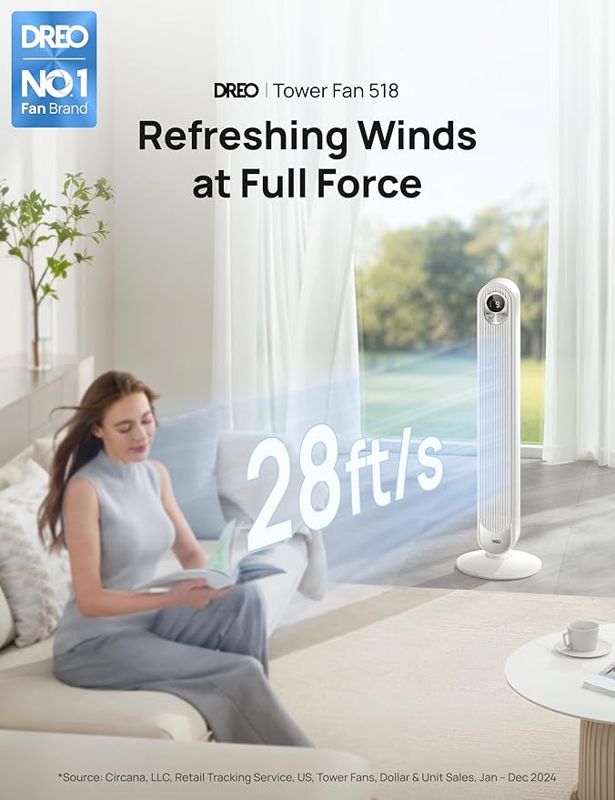 Dreo Tower Fan 42 Inch,Quiet Oscillating Bladeless Fan with Remote, 6 Speeds, 4 Modes, LED Display, 12H Timer, White Floor Standing Fan Powerful for Indoor Home Bedroom Office Room