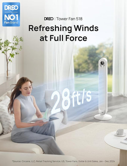 Dreo Tower Fan 42 Inch,Quiet Oscillating Bladeless Fan with Remote, 6 Speeds, 4 Modes, LED Display, 12H Timer, White Floor Standing Fan Powerful for Indoor Home Bedroom Office Room