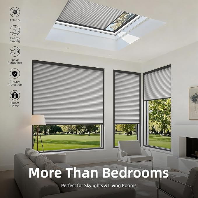 ZSTARR Motorized Skylight Shades Blackout Cellular Honeycomb Electric Blinds with Solar Panel Cordless Rechargeable with Remote for Roof and Slanted Windows Custom Size (Black Out Light Grey)