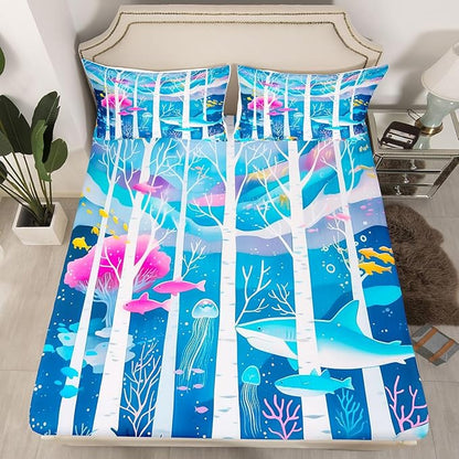 Ocean Kids Twin Size Fitted Sheet,Seaweed Underwater World Boys Girls Bed Sheets,Sealife Shark Nautical Room Decor,Blue Bedding Set,1 Pillowcase(No Flat)