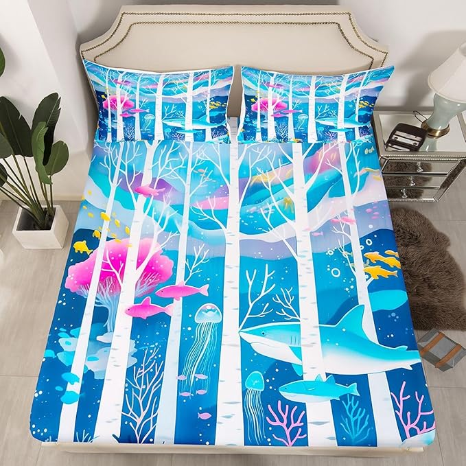 Ocean Kids Full Size Fitted Sheet,Seaweed Underwater World Boys Girls Bed Sheets,Sealife Shark Nautical Room Decor,Blue Bedding Set,2 Pillowcases(No Flat)