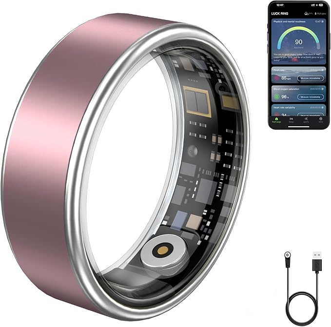 Smart Ring for Women & Men - IP68 Waterproof Fitness Tracker with Long Lasting Batteries, 28-Language App, Sleep/Step/Heart Rate Monitor, Compatible with iOS & Android (R04, Pink, 10)