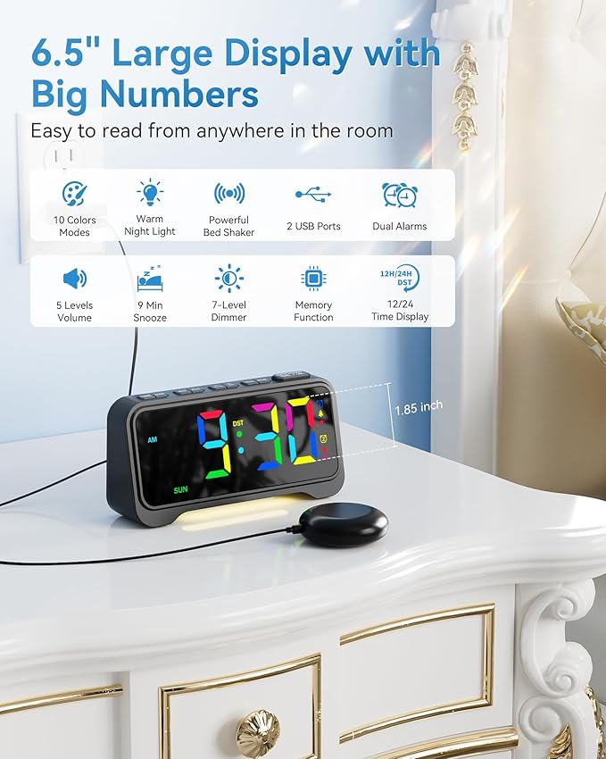 Vibrating Alarm Clock for Heavy Sleepers, Digital Alarm Clock with Bed Shaker, RGB Colorful Changing, Night Light, USB Charger, Dimmable Loud Bedside Desk Clock for kids, Hearing Impaired Deaf, Adults