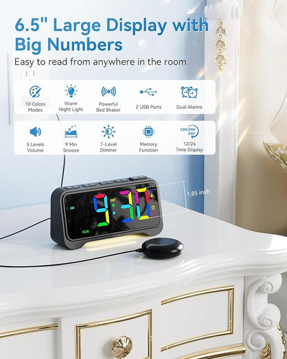 Vibrating Alarm Clock for Heavy Sleepers, Digital Alarm Clock with Bed Shaker, RGB Colorful Changing, Night Light, USB Charger, Dimmable Loud Bedside Desk Clock for kids, Hearing Impaired Deaf, Adults