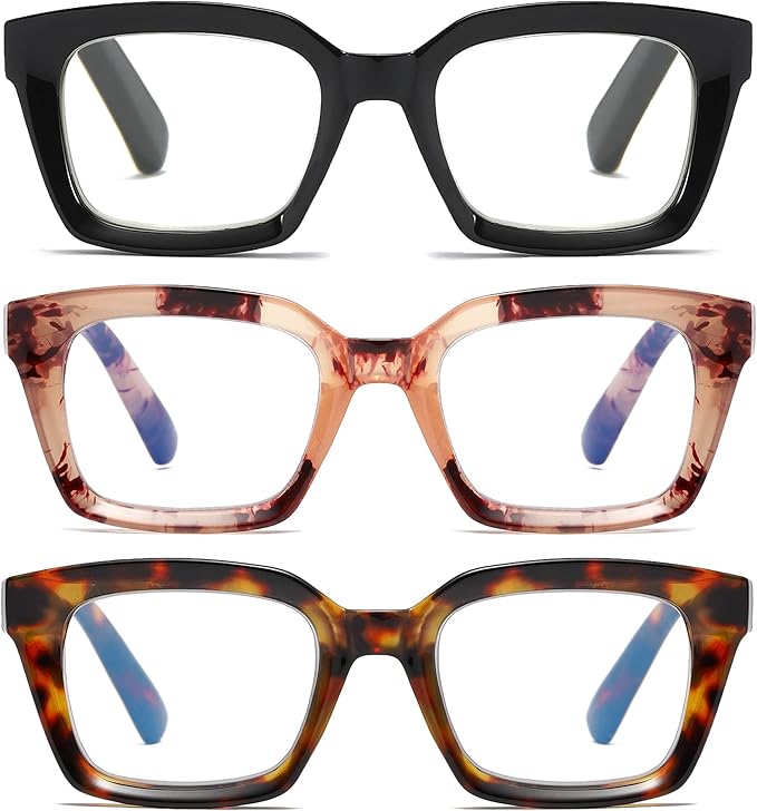 3 Pack Oversize Square Design Reading Glasses for Women, Blue Light Blocking Computer Reader（Black & Pink & Leopard+3.25）