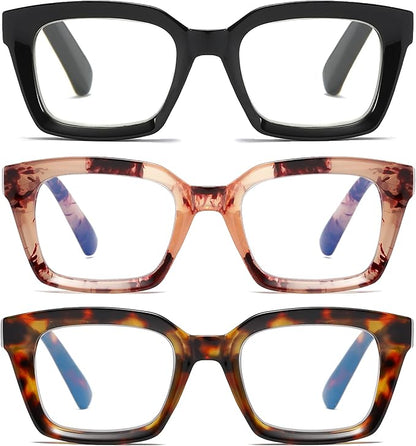 3 Pack Oversize Square Design Reading Glasses for Women, Blue Light Blocking Computer Reader（Black & Pink & Leopard+1.00）