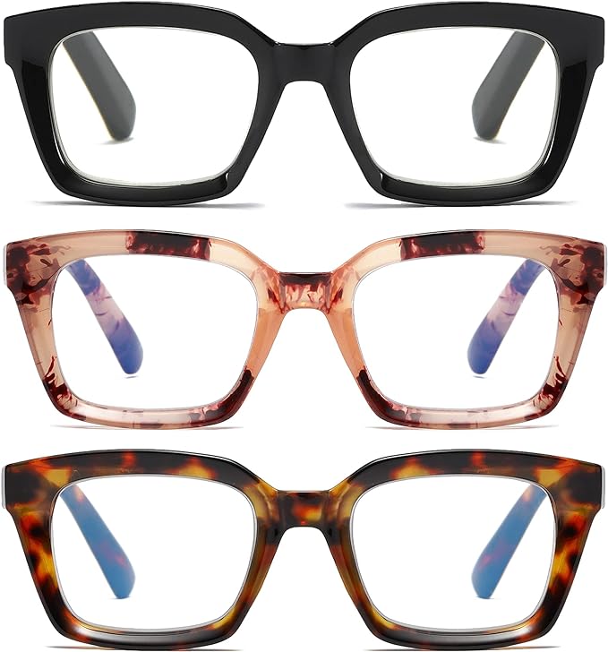 3 Pack Oversize Square Design Reading Glasses for Women, Blue Light Blocking Computer Reader（Black & Pink & Leopard+2.25）