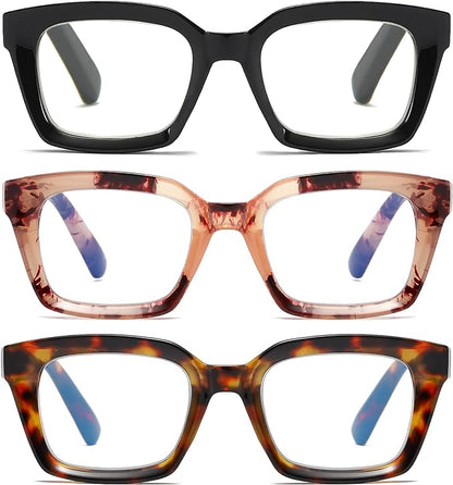 3 Pack Oversize Square Design Reading Glasses for Women, Blue Light Blocking Computer Reader（Black & Pink & Leopard+2.25）