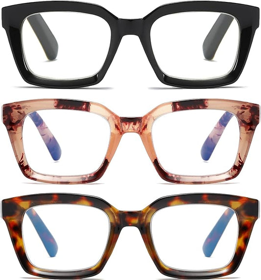 3 Pack Oversize Square Design Reading Glasses for Women, Blue Light Blocking Computer Reader（Black & Pink & Leopard+2.25）