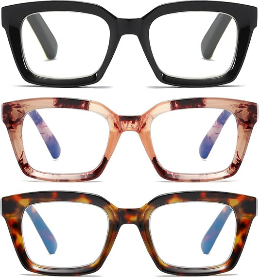 3 Pack Oversize Square Design Reading Glasses for Women, Blue Light Blocking Computer Reader（Black & Pink & Leopard+1.75）