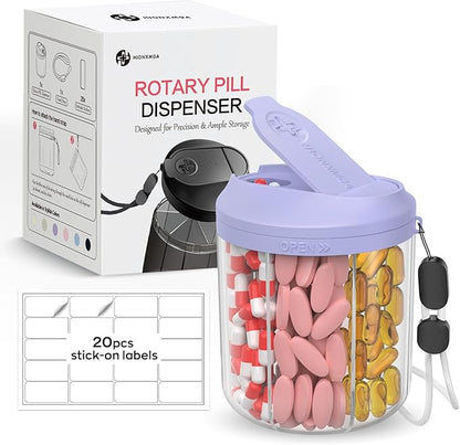 Pill Dispenser with 7 Large Compartments, Pill Organizer for Travel, Supplement Organizer with Anti-Mixing Design, BPA-Free Pill Container with 20 Pcs Labels, Purple