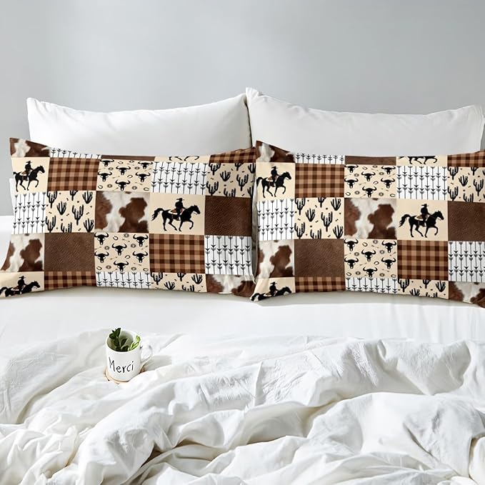 Western Cowboy Bed Cover(1 Fitted Sheet+1 Pillow Case),Rustic Cow Fur Bull Skull Horseshoe Arrow Bedding Set for Room Decor,American West Brown Plaids Patchwork Bed Sheet Set,3Pcs Full Size