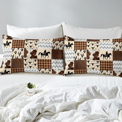 Western Cowboy Bed Cover(1 Fitted Sheet+1 Pillow Case),Rustic Cow Fur Bull Skull Horseshoe Arrow Bedding Set for Room Decor,American West Brown Plaids Patchwork Bed Sheet Set,3Pcs Full Size