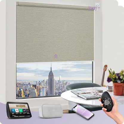 Graywind Smart Blackout Roller Shades Compatible with Alexa Google WiFi Hardwired Textured Fabric Motorized Blinds Remote Window Shades, Custom Size (Frequency Sand)