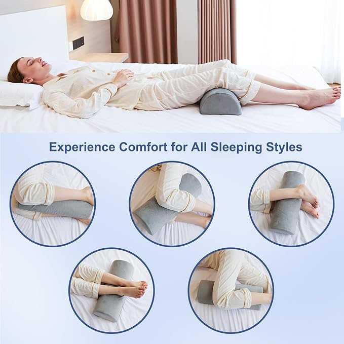 Knee Pillow for Back Sleeping, Memory Foam Bolster Pillow for Legs, Under Knee Pillow for Sleeping, Leg Pillow for Back & Hip Pain Relief, Half Moon Boslter,Grey